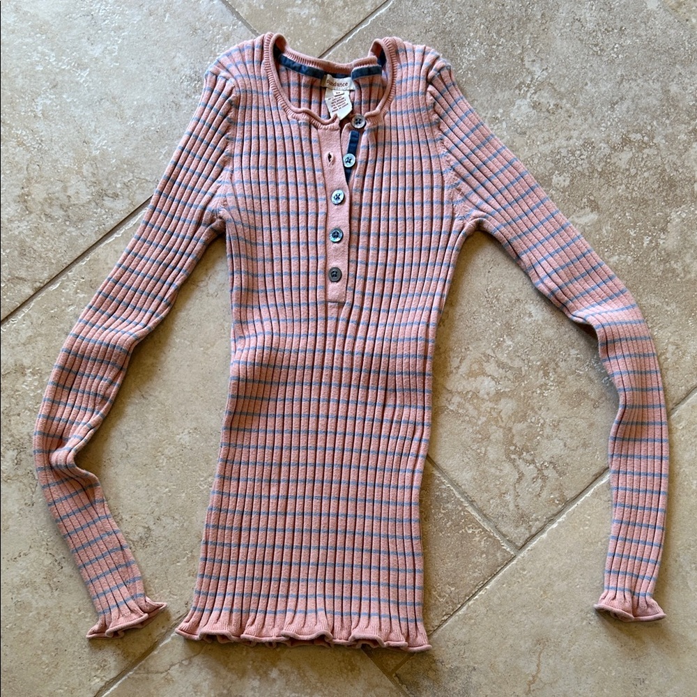 Sundance Pink and Blue Striped Ribbed Henley Top